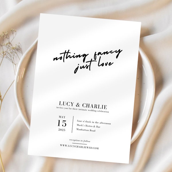 Just Love Invitation, Nothing Fancy But Love Wedding Invites, Intimate Wedding Invitation, Minimalist Modern Wedding Invitation, WD01