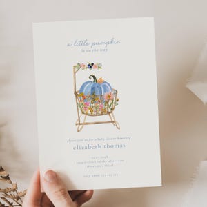 Boy Little Pumpkin Baby Shower Invitation, Fall Baby Sprinkle Invite Editable Template, A Little Pumpkin is on the Way Blue Baby Shower, XMB
