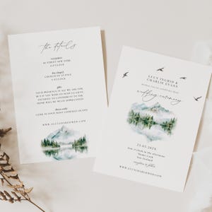Mountain Wedding Invitation Suite, Watercolor Mountain and Wedding Invite, Mountain Wedding Invitation Template, Forest Wedding Invite, WD01