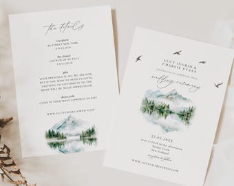 Mountain Wedding Invitation Suite, Watercolor Mountain and Wedding Invite, Mountain Wedding Invitation Template, Forest Wedding Invite, WD01