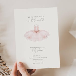 Invito per baby shower con tutù eccitato, set di inviti per baby shower con ballerina, invito per baby shower con tutù, set di inviti per baby shower con tutù rosa, CP01