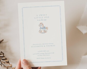 Rocking Horse Baby Shower Invitation: Blue Rocking Horse (Editable Template), Watercolor, Handrawn, Whimsical, Classic