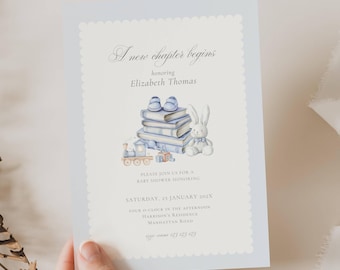 A New Chapter Baby Shower Invite Boy, Book Theme Baby Shower Blue, Storybook Baby Shower Boy, Baby Shower New Chapter Boy Invitation Blue