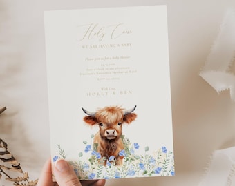 Highland Cow Baby Shower Invitation Boy: Holy Cow We Are Having A Baby, Blue WildFlowers (Editable Template)