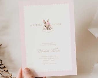 Zaproszenie na baby shower z motywem króliczka: różowy króliczek dla dziewczynki (edytowalny szablon), jakiś króliczek w drodze