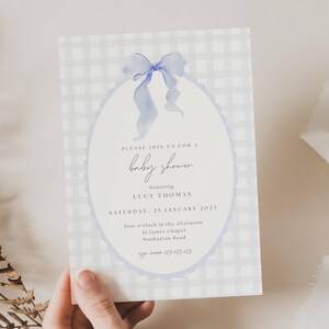 Blue Bow Baby Shower Invitation, Blue Coquette Bow Baby Shower Invite, Classic Baby Sprinkle Invite, Ribbon Baby Blue Shower Invite, BWS