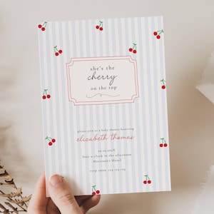 Invito per baby shower "She Is The Cherry On Top" (bimbo), invito per baby shower "Cherry Baby Shower" (bimbo), invito per baby shower "Cherry Baby Shower" (bimbo) blu, invito per baby shower "Cherry Baby Shower" (bimbo) CP01