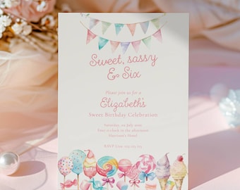 Sweet Sassy Six Birthday Invitation, Candy Theme, Pink Girl 6th (Editable Template)