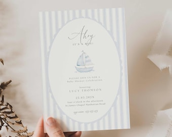 Ahoy Its A Boy Baby Shower Invites, Nautical Baby Shower Invitation, Sailbot Baby Shower Invite, Classic Light Blue Ahoy Its A Boy Baby