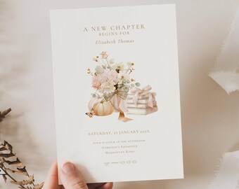 Invitación para despedida de soltera de otoño: Comienza un nuevo capítulo (plantilla editable), temática de libros, cuentos, otoño, siguiente capítulo