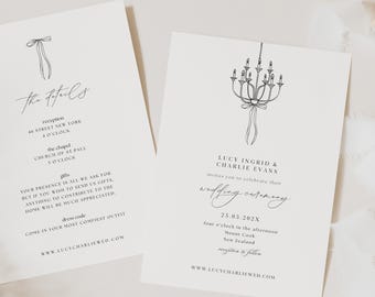 Plantilla de invitación de boda con lazo, conjunto de invitación de boda con lazo negro, invitación de boda moderna con lazo negro, conjunto de boda minimalista con lazo negro, WD01