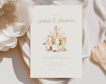 Petals & Prosecco Bridal Shower Invitation: Gold Champagne Floral (Editable Template)