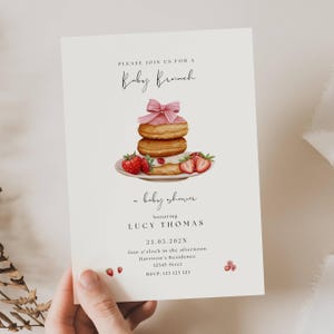 Invito per brunch con fragole per neonati, invito per brunch con pancake alle fragole, invito per baby shower con fragole, brunch con granella per neonata, CP01