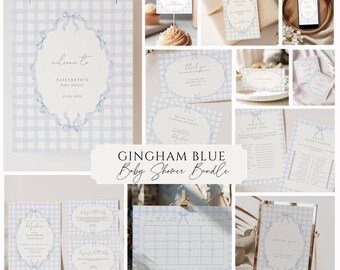 Blauwe pastel babyshower uitnodiging, klassieke pastel jongen babyshower uitnodigen, lichtblauwe geruite babyshower uitnodigen, pastel baby strooi, GH