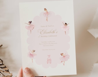 May include: A cream-coloured invitation card with a pink scalloped design and watercolour ballerinas. The text reads "Dance & Twirl at Elizabeth's 5th Birthday Celebration." Additional text includes the date, time, and location.