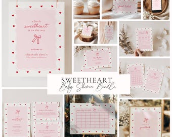 A Little Sweetheart Is On The Way Baby Shower Invitation: Valentine Baby (Editable Template) Red Hearts, Red Bow, Whimsical, Bundle