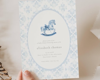 Rocking Horse Baby Shower Invitation Boy, Blue Toile Baby Shower Invitation Rocking Horse, Dusty Blue Toile Rocking Horse Baby Shower Invite