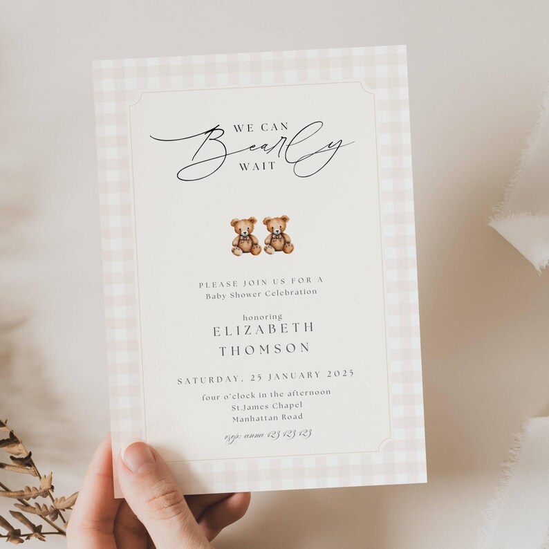 Can Bearly Wait Baby Shower Simple Invitation, Teddy Bear Baby Shower Invitation, We Can Bearly Wait Baby Shower Gender Neutral Invitation Template