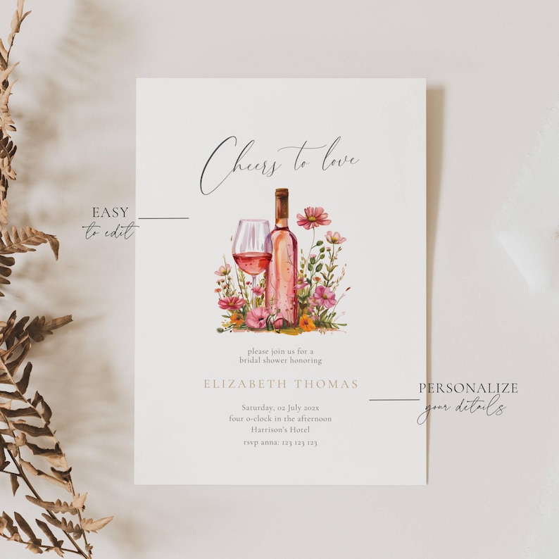 Vino Before Vows Bridal Shower Invitation: Wine Theme (Editable Template), Floral Vino Before Vows Bridal Shower Invitation Template