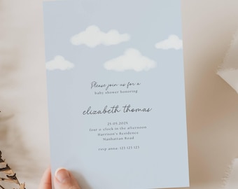 Dusty Blue And Clouds Baby Shower Invite, A Little Piece Of Heaven Baby Shower Blue Invite, Cloud Nine Baby Shower Invitation Blue, C901