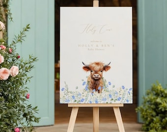 Highland Cow Baby Shower Welcome Sign Boy: Holy Cow We Are Having A Baby, Blue WildFlowers (Editable Template)