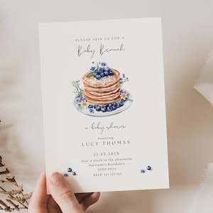 Invito per brunch con mirtilli per neonati, invito per brunch con pancake ai mirtilli, invito per baby shower con mirtilli, invito per brunch con granella per neonati, CP01