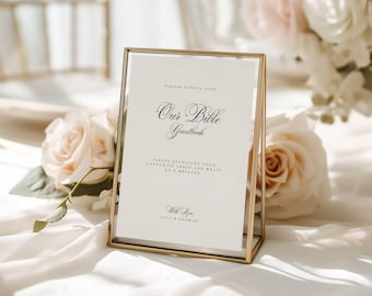 聖書ゲストブックにご署名ください：結婚式用聖句、ミニマルでエレガントな筆記体テキスト（編集可能なテンプレート）