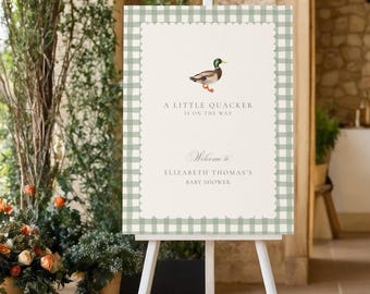 Wilde eend groene gingang babyshower welkomstbord: klein eendje, kwakzalver onderweg (bewerkbare sjabloon)