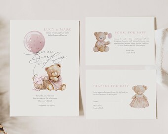 Modèle d'Invitation pour baby shower ours en peluche, nous pouvons attendre une invitation pour baby shower, ours avec des ballons baby shower d'invitation, fille rose