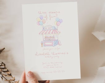 Invitación de cumpleaños "Tres bolas de diversión": Carrito de helados para el tercer cumpleaños (plantilla editable), rosa pastel