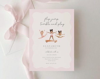Gymnastics Birthday Invitation: Flip Jump Tumble, Pink Gymnastics (Editable Template)