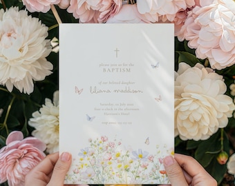 Wildflower Baptism Invitation Template, Printable Floral Baptism Invite, Girl Baptism Invitation, Wildflower Christening Girl Invite