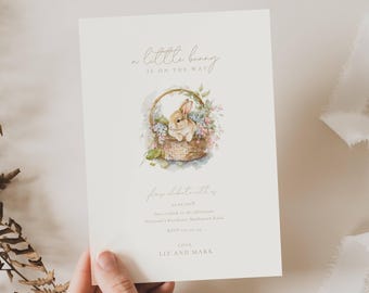 Zaproszenie na baby shower z motywem króliczka: Jakiś króliczek w drodze, rustykalny, boho, wielkanocny (edytowalny szablon)