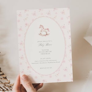 Pink Rocking Horse Baby Shower Invitation, Rocking Horse Baby Shower Invitation Girl, Pink Classic Rocking Horse Baby Shower Invite, BL01