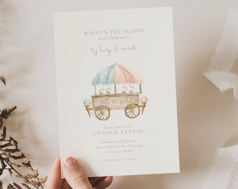Whats The Scoop Invitation: Ice Cream Gender Reveal, He or She, Boy or Girl (Editable Template)
