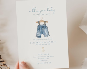 Denim babyshower uitnodigen jongen, Blue Jean babyshower uitnodiging, een Blue Jean baby is onderweg uitnodigen, Boy Blue Jean babyshower uitnodigen