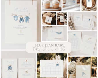 Blue Jean-babyshoweruitnodiging: een Blue Jean-baby is onderweg, denimjongen (bewerkbare sjabloon), bundel