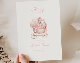 Zaproszenie na baby shower z różowym króliczkiem: Jakiś króliczek w drodze (edytowalny szablon), różowy królik