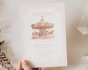 Pastel Carousel Birthday Invite, Pastel Carnival Birthday Invitation, Pink Carousel Birthday Invitation Template Girl, Round and Round, BL01