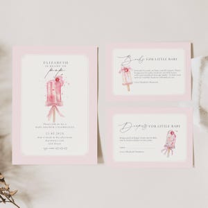 May include: Pink baby shower invitation with a watercolor illustration of a popsicle. The invitation includes the name Elizabeth, the date 25.03.202X, and the time four o'clock in the afternoon. The invitation also includes the location Harrison's Cafe, 1214 Street. The invitation also includes two cards for guests to bring books or diapers for the baby.