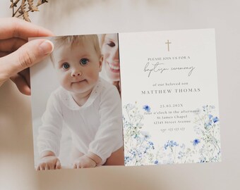May include: A baptism invitation with a watercolor floral design in shades of blue and white. The invitation features a photo of a baby boy and the text "PLEASE JOIN US FOR A baptism ceremony of our beloved son MATTHEW THOMAS 23.05.202X four o'clock in the afternoon St James Chapel 12345 Street Avenue."