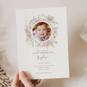 Wildflower Baptism Invitation Template with Picture, Pink Wildflower Baptism Invitation, Pink Wildflower Girl Christening Photo Invite, BP01