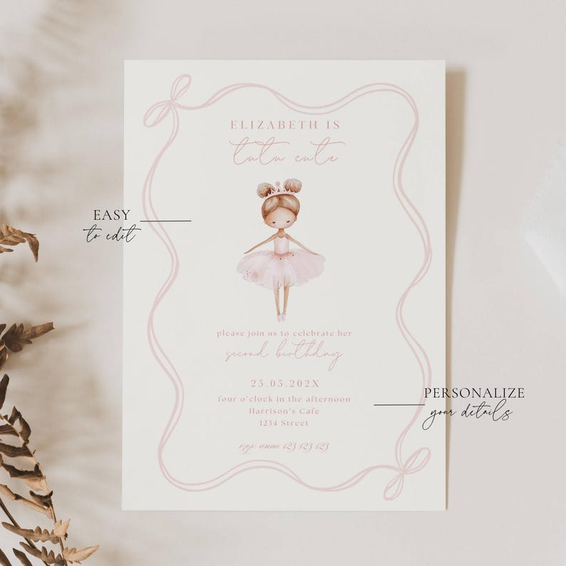 Tutu Cute 2nd Birthday Invitation, Tutu Cute Birthday Invitation, Pink Ballerina Invite, Ballet Pink Birthday Invitation, Pink Tutu Birthday Invitation Template, Ballerina Birthday with Bow Invitation Template