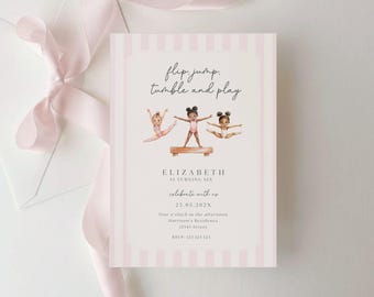 Gymnastics Birthday Invitation, Pink, Flip Tumble Jump Play (Editable Template)