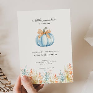 Boy Little Pumpkin Baby Shower Invitation, Fall Baby Sprinkle Invite Editable Template, A Little Pumpkin is on the Way Blue Baby Shower, XMB