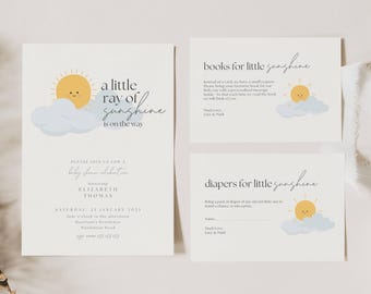 May include: A baby shower invitation with a cute sun and cloud design. The invitation says "a little ray of sunshine is on the way" and includes the date, time, and location of the shower. There are also two cards for guests to bring gifts: one for books and one for diapers.