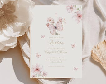Pink Buttefly Baptism Invitation: Floral, Elegant Christening (Editable Template)
