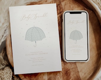 Umbrella Baby Sprinkle Invitation: Umbrella Baby Shower, Mobile, Minimalist, Green (Editable Template)