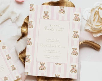 Einladung zur Babyparty mit rosa Teddybär: Bärenfest, Streifen, Klassisch (Bearbeitbare Vorlage)
