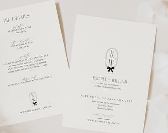 Plantilla de invitación de boda con lazo, conjunto de invitación de boda con lazo negro, conjunto de invitación con lazo de cinta, conjunto de invitación de boda con lazo negro moderno WD01